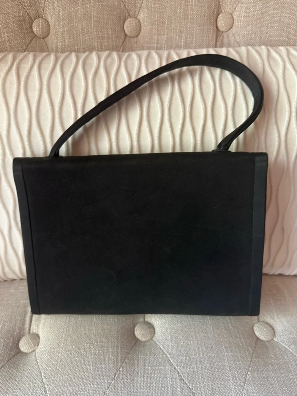 Vintage Inspired Black Satin & Suede Evening Bag Bow Accent Top Handle